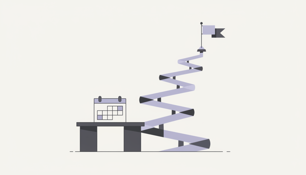 Ilustración de un camino que sube desde un calendario de planificación hasta una cima