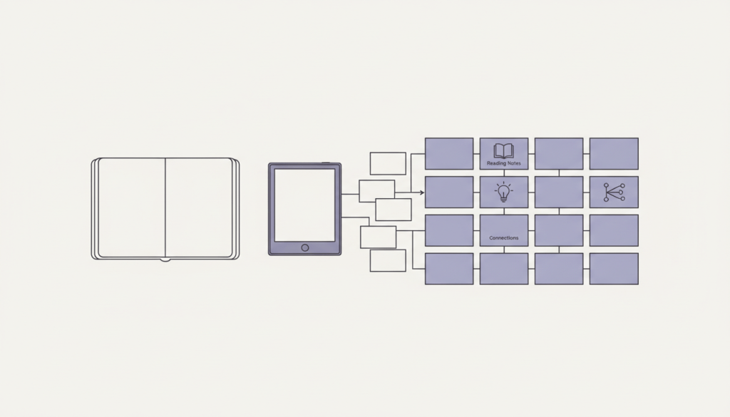 Ilustración de un cuaderno, un lector electrónico y fichas organizándose en cajas